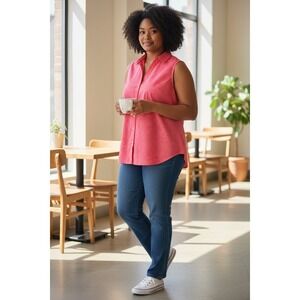 Lane Bryant Pink Dot Sleeveless Button Front Shirt Size 16